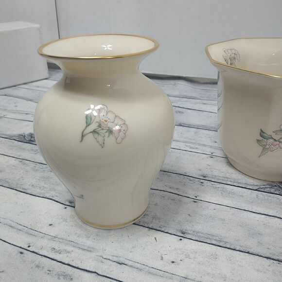 Vintage Lenox Serenade Porcelain Bird Vase 6" And 4" Planter - Picture 8 of 16